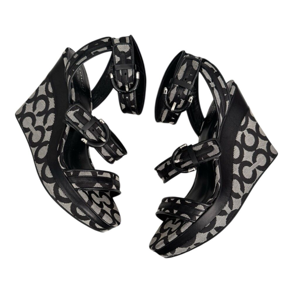 Coach Logo Maralee Wedge Jacquard Sandals Women’s 8.5B Black/Gray - Picture 2 of 9